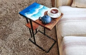 WOOD & OCEAN PATTERN EPOXY RESIN END TABLE, SIDE TABLE ,COFFEE TABLE WITH STAND - Picture 1 of 4