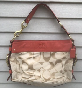 COACH Zoe Red & Tan Jacquard Signature Hobo Bag! F12657 - Picture 1 of 16