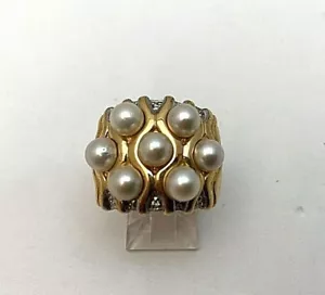 14k Yellow Gold ~ 7 ~ 5mm Pearls Diamond 18.5mm Wide Band Ring Size 6 - Picture 1 of 10