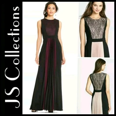 $348 JS COLLECTIONS Black PURPLE Lace & Pleat Crepe Panel Dress Gown~ 6 M3020 - Image 1 of 4