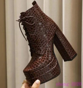 Womens Stone Pattern Zip Lace Up Platform Ankle Boots Dress Party Western Shoes - Picture 1 of 11