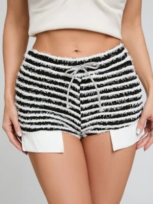 Striped Drawstring Fitted Fuzzy Striped Legging Mini Shorts - Image 1 of 4