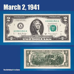March 2, 1941 Birthday Anniversary $2 Two Dollar Bill Serial Number 03021941 - Picture 1 of 2
