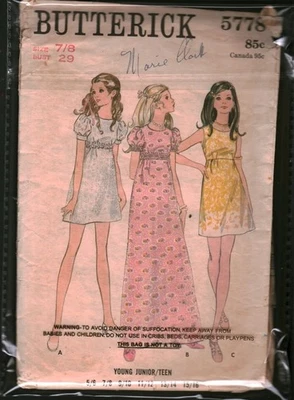5778 Vintage Butterick Sewing Pattern Juniors 1960s High Waisted Semi Fit Dress - Image 1 of 2
