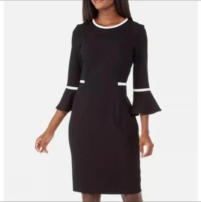 CALVIN KLEIN Black Zipper Back Dress Flared Bell Sleeves Detail Piping Size 10 - Image 1 of 4
