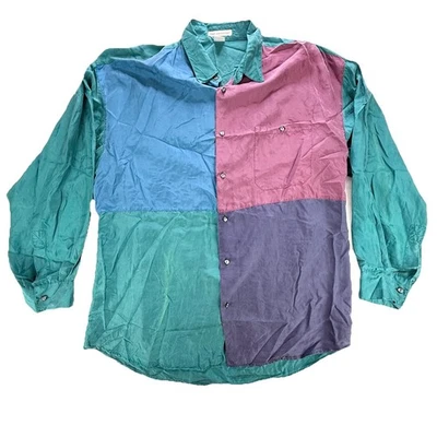Camisa De Colección Años 80 Alta Ventaja Colorblock 100% Seda Para Hombre XL Púrpura Verde Azul Foto 1 de 4