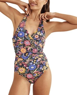 Boden Levanzo Ruched Halter Swimsuit Women's Black Floral Uk 12R / US 8R - Image 1 of 4