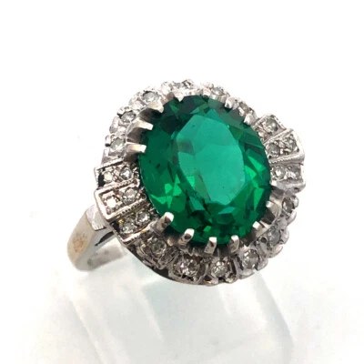 14K White Gold Green Cubic Zirconia Diamond Halo Engagement Cocktail Ring — 第 1/4 张图片