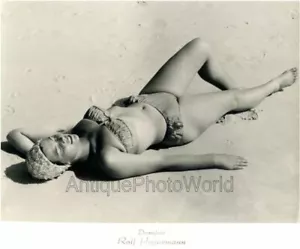 Beautiful woman swimmer sunbathing on beach vintage art photo - Picture 1 of 1