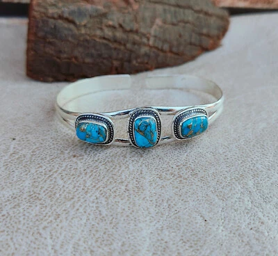 Pulseira de três pedras azul cobre turquesa prata 925 joia presente para ela - Imagem 1 de 4