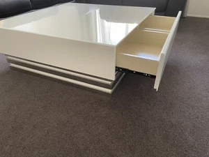Coffee Table, Large, White, Glass Top with Drawers - New - Picture 1 of 5