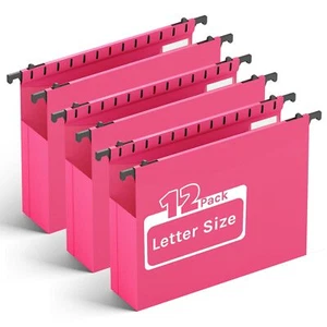 12 Pack Extra Capacity Plastic Hanging File Folders 2" Accordion Pocket Pink - Picture 1 of 6