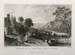 1832 Antique Print; Weir Head on the River Tamar, Devon after T. Allom - Imagen 1 de 2