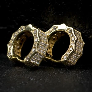 Mens 14k Gold Plated Fully Iced 925 Sterling Silver Octagon Hoop Earrings - Picture 1 of 4