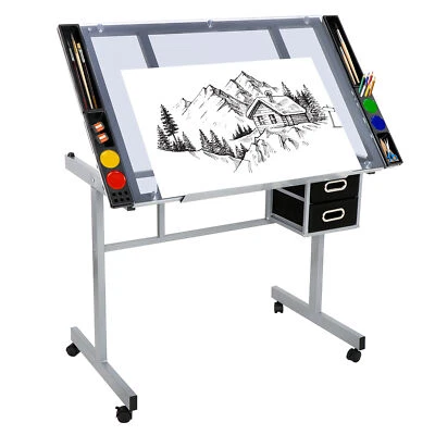 Drawing Table Tempered Glass Top Adjustable Art Drafting Table W/ 4 Wheels Home  - Image 1 of 4
