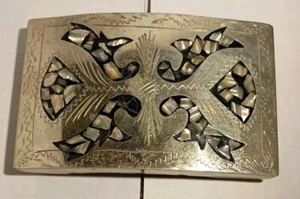 Vintage Rectangular Etched Pattern Abalone Inlaid Silvertone Fashion Belt Buckle - Picture 1 of 8