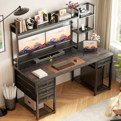 55'' Computer Desk with Hutch and 4 Fabric Drawer ＆ Charge Station ＆ LED Lights - Image 1 of 3