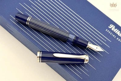 PELIKAN SPECIAL EDITION SOUVERÄN M815 METAL STRIPED BLUE FOUNTAIN PEN ATTRACTIVE - Imagem 1 de 4
