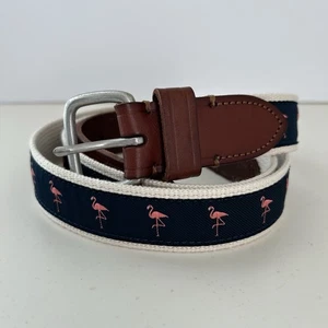 J Crew Navy Pink Flamingo Print Canvas Brown Leather Belt Mens Sz 40 Embroidered - Picture 1 of 10