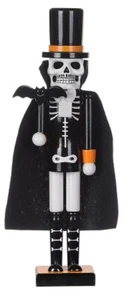 Wooden Nutcracker, 15", HALLOWEEN,SKELETON IN BLACK & ORANGE HAT & CAPE W/BAT,WG - Picture 1 of 10