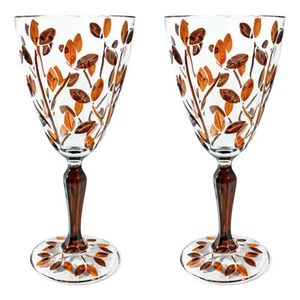 Pair of Murano Wine Glasses Orange Brown Hand Painted Dark Stem - Picture 1 of 3