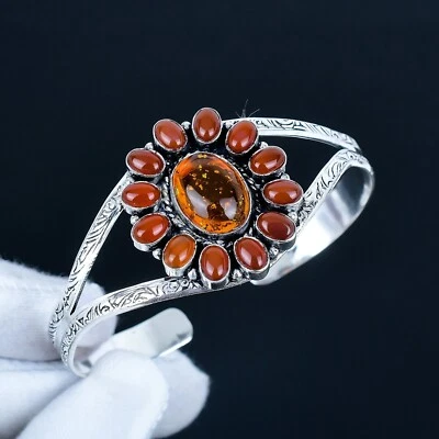 Corniola, Ambra Gemma 925 Argento Sterling Gioielli Regolabile Polsino Bracciale - Immagine 1 di 4