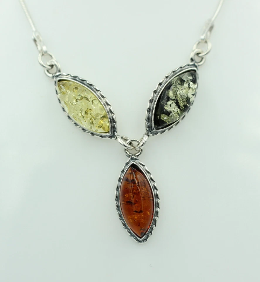 Collana In Ambra Tricolore In Argento Sterling 925 Ca 42 Cm - Immagine 1 di 4