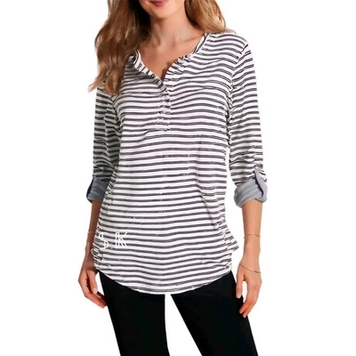 VINTAGE X AMERICA Knit Henley Top Long Roll Tab Sleeve White Black Striped LARGE - Image 1 of 4