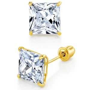 14K Gold Stud Earrings Princess Screwback Cubic Zirconia CZ - Picture 1 of 3
