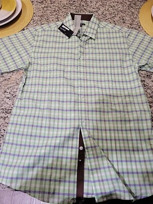 Galaxy by Harvic Mens Green White Blue Check Slim Fit Short Sleeve Medium - Image 1 of 4