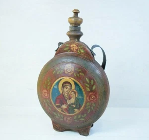 Vintage Handpainted Wooden Canteen Flask Bottle Virgin Mary and Jesus - Picture 1 of 9