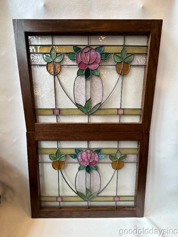 Pair of Antique Stained Leaded Glass Windows from Chicago circa 1920 27"x21" Cover