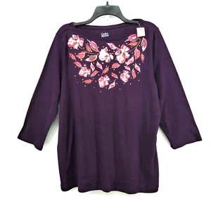 Croft & Barrow Shirt Womens Plus Size 2XL Purple Floral Sequin 3/4 Sleeve Top - Picture 1 of 5