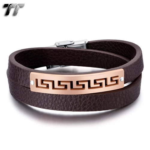 Pulsera Llave Griega TT Cuero Marrón 316L Acero Oro Rosa (BR203Z) NUEVA Foto 1 de 1