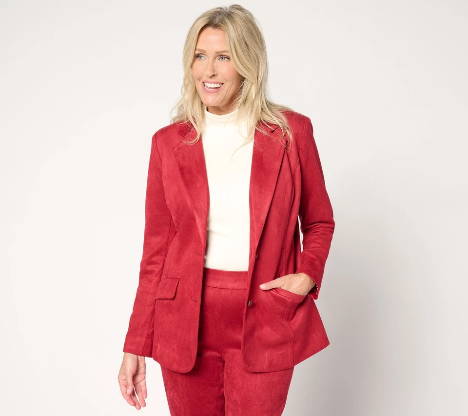 Isaac Mizrahi Live! Petite Estate Stretch Faux Suede Blazer w/Lining Rio Red M N - Image 1 of 1