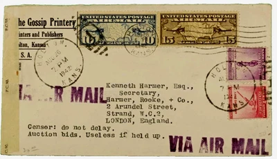 🚩 1942 STAMP COVER PUBLISHER ADVERTISING AIRMAIL TO ENGLAND WWII CENSORED  - Image 1 of 3