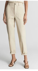 REISS Erin High Rise Trousers Womens 6 Beige Stretch Cotton Ankle Length - Picture 1 of 13