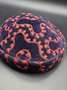 Vtg Emery Bird Thayer Women's Blue Velvet With Red Embroidery Hat - Picture 1 of 6