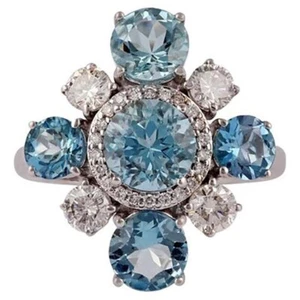 4.43 TCW Aquamarine & Sapphire Floral Design Party Wear Stylish Women's Ring - Picture 1 of 8