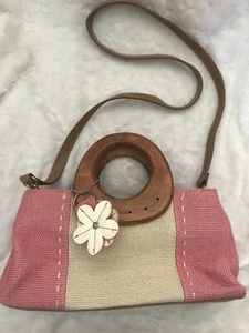 Bass Cream Pink Woven Wood Handle Shoulder crossbody Leather Keychain Purse - Picture 1 of 11