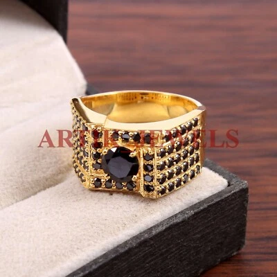 Natural Ónice Negro Piedra Con 14K Anillo Plata Chapado en Oro para Hombre #2772 - Imagen 1 de 4