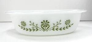 Plato Margarita Verde Glasbake Vintage 1 QT J235 Blanco Leche Vidrio Ovalado EE. UU. Granja - Imagen 1 de 10