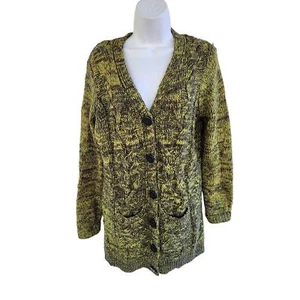 Carole Little Cable Cardigan Sweater sz L Chartreuse Green & Gray Tweed Buttonup - Picture 1 of 9