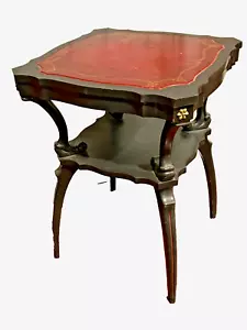 Rare 1940s Mahogany Spider Leg Two Tier Accent Table Gold Tooled Red Leather Top - Picture 1 of 2