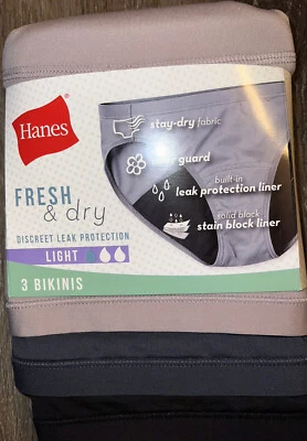 Hanes ~ Womens Bikini Light Leak Protection Underwear Panties 3-Pack ~ 6 - Image 1 of 3