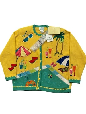 NWT Quacker Factory Pool Beach Theme Cardigan Sweater Appliqué Beads Women’s L - Image 1 of 4