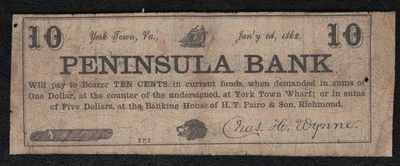 1862 $.10 York Town Virginia Peninsula Bank Obsolete Note - Image 1 of 2