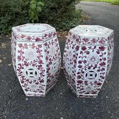 Asiento de jardín/taburete de tambor de cerámica china vintage - rojo ladrillo con Delft floral Foto 1 de 4