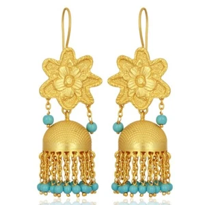 Indian Ethnic Gold Tone Classic & Antique Turquoise Jhumka / Jhumki Earrings - Picture 1 of 5
