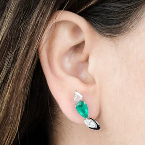 4.17 TCW SI/H Diamond Zambian Emerald Stud Earrings 14k White Gold Black Enamel - Picture 1 of 11